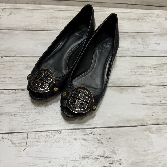 Tory Burch Shoes - Tory Burch Shoes Amanda Size 6.5 Black Leather Peep Toe Wedge Heels